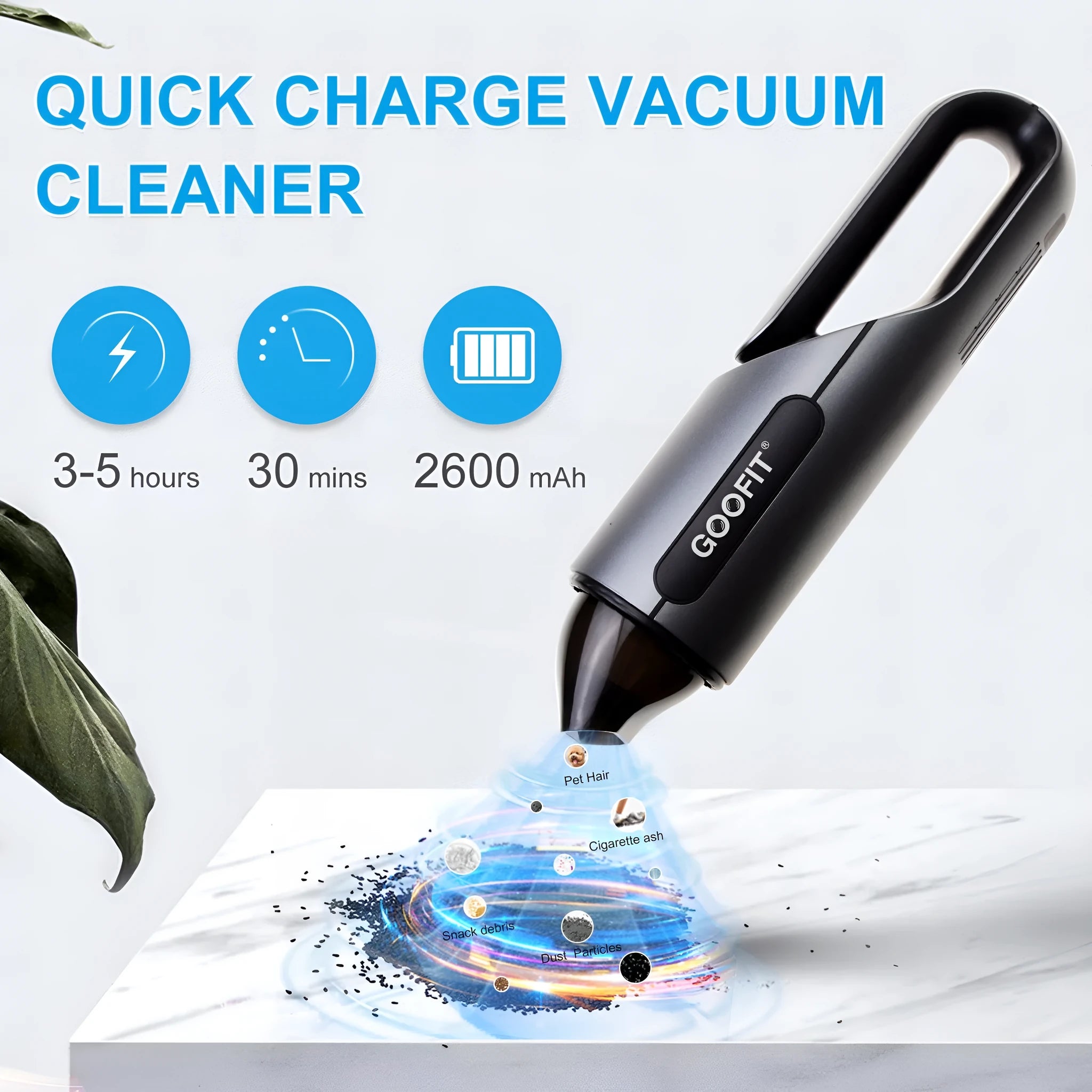 Black portable wireless car vacuum cleaner with brush and flat attachments on fabric storage bag