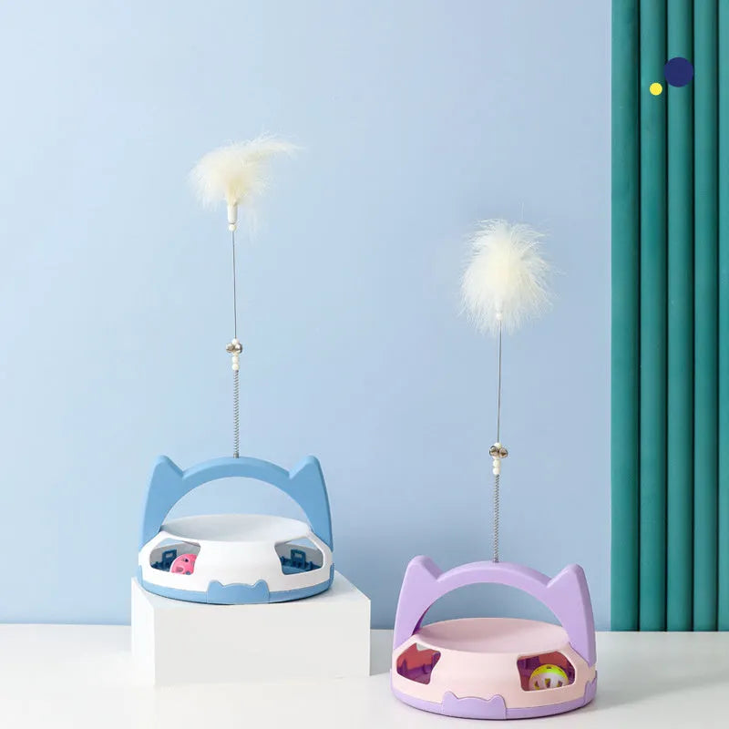Cat stick toy with spinning ball and feather attachments in multiple colour options