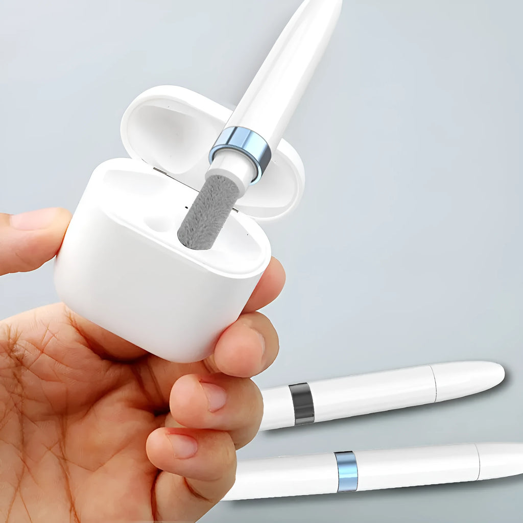 Multi-layer electronics cleaning pen with stainless steel nib and brush for headphones and mobile devices