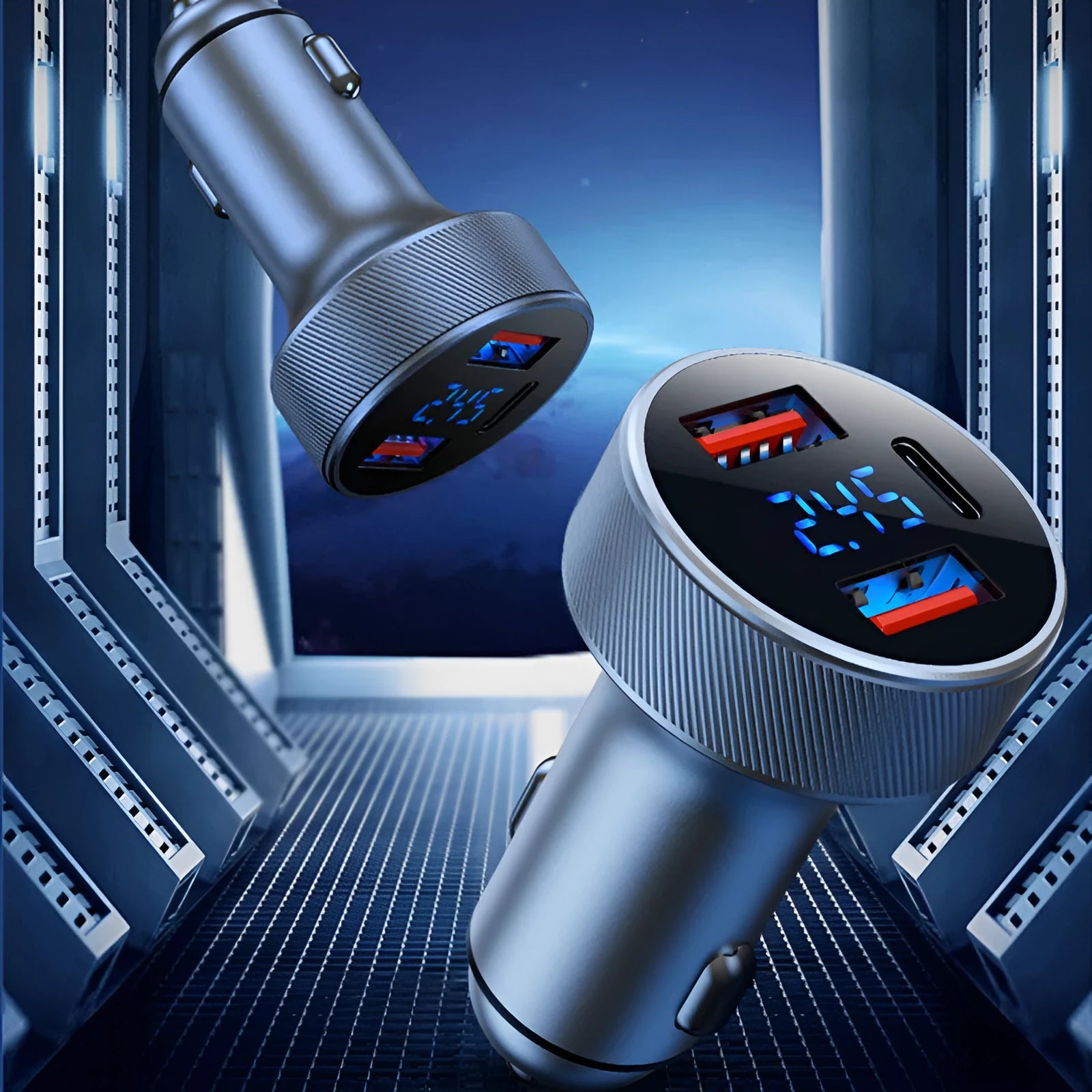 Black aluminium alloy car charger with digital display and three USB ports for vehicle charging