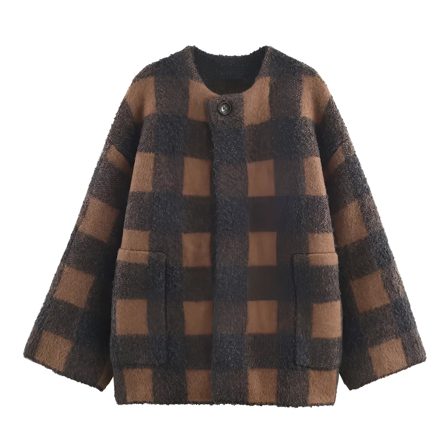 Autumn women's plaid knitted coat in colour block stripes, pullover style, regular fit, polyester blend, Japanese Korean casual wear