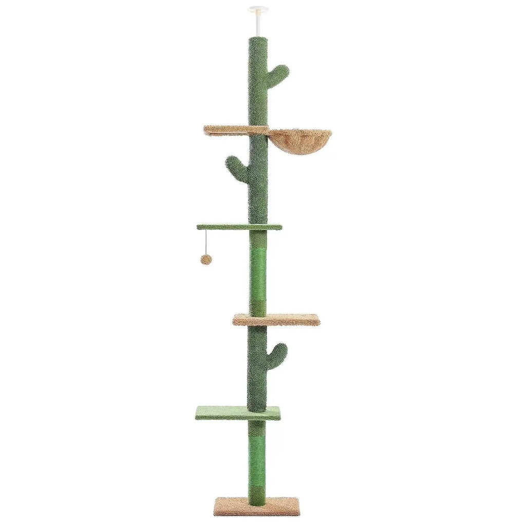 Tall solid wood cat tree with integrated scratch board, cat nest, and toy for large cats.