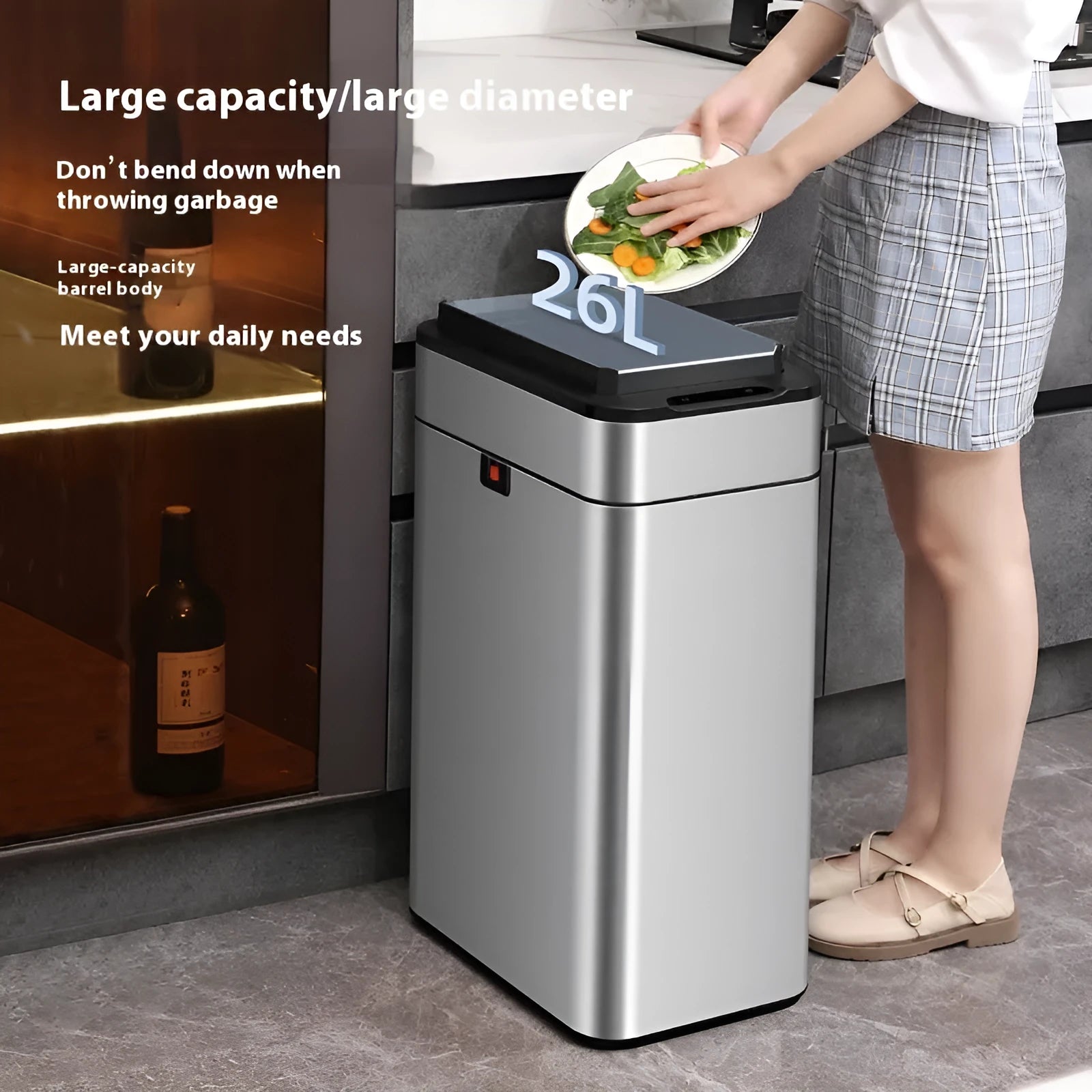 Square inductive smart trash can in stainless steel or white plastic, showing automatic lid open.
