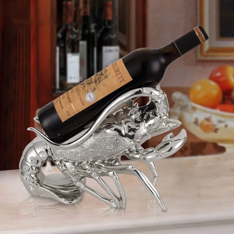 Lobster-shaped wine rack ornament in rose gold or silver resin for decorative bottle display.