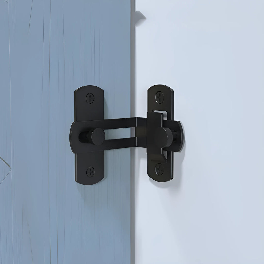 90 degree angle sliding door lock with black carbon steel buckle and stainless steel components for barn doors