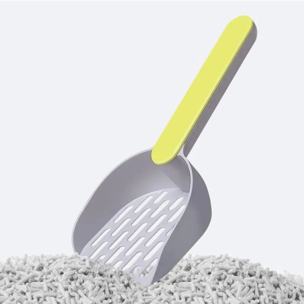 Blue plastic cat litter scoop for cleaning pet litter boxes.