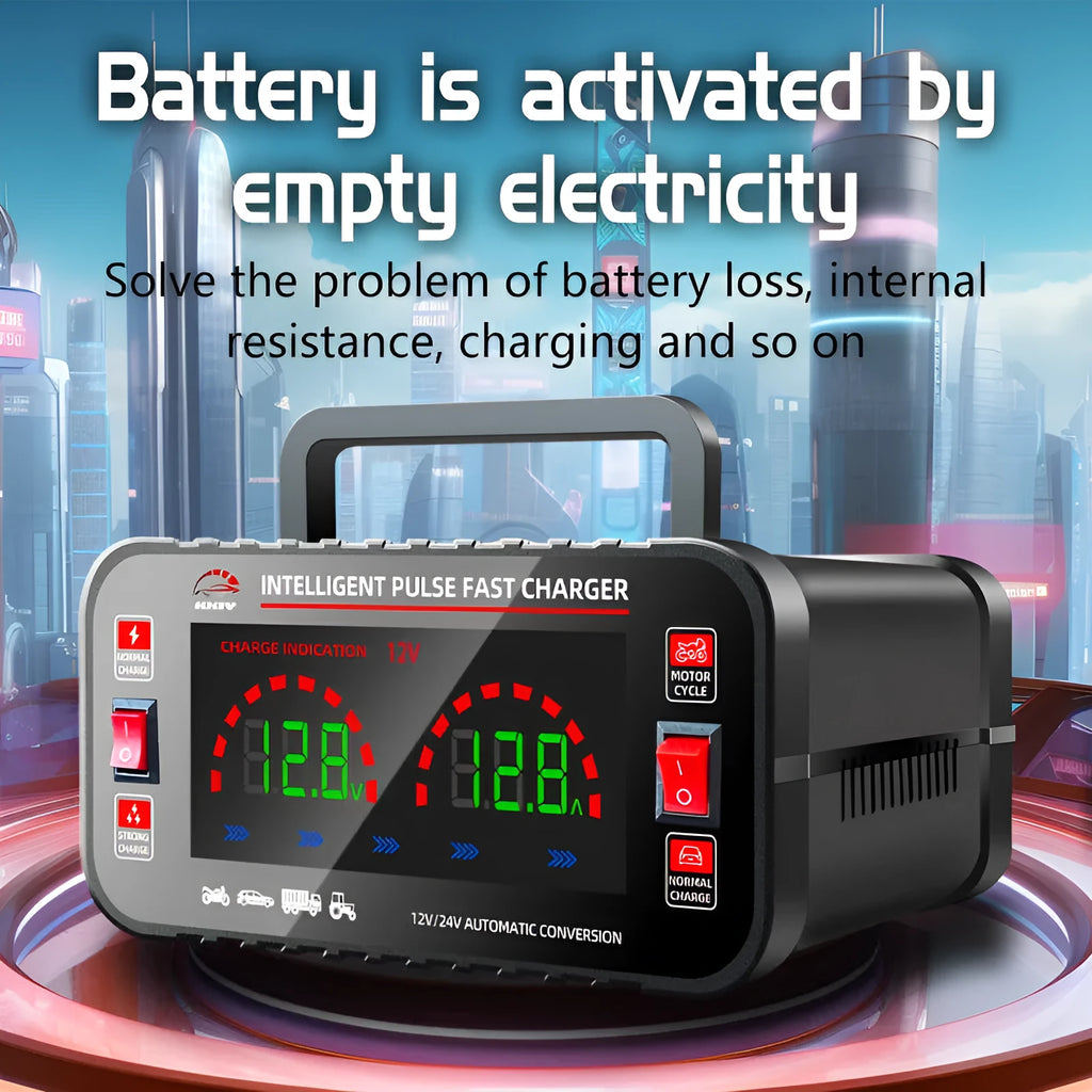 Black full-automatic intelligence battery charger for lead acid motorcycle and car batteries with plug options