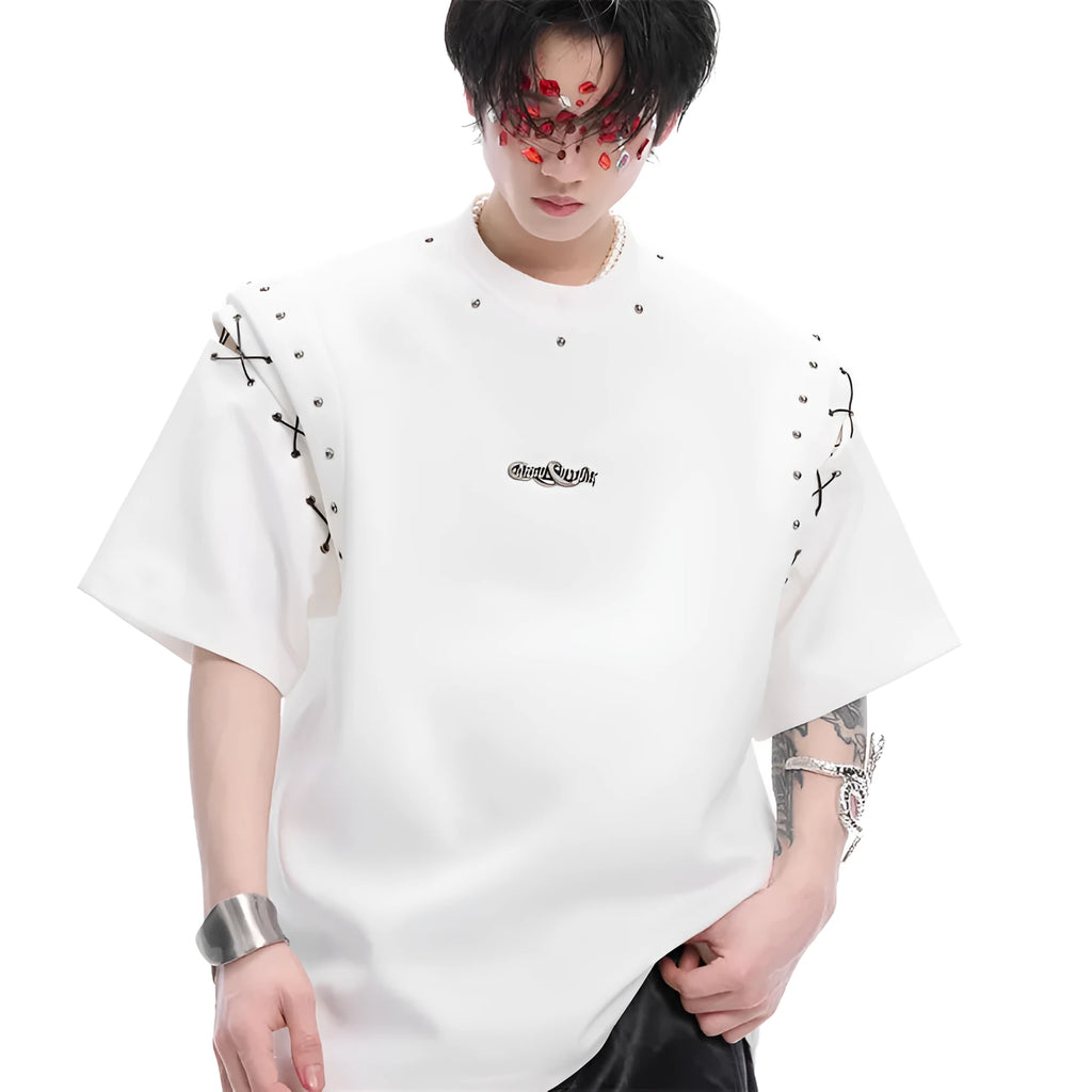 Black deconstruction lace-up cutout short sleeve t-shirt on a hanger