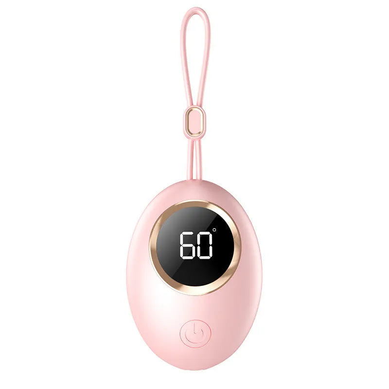 Compact USB-powered hand warmer with digital display in various colour options.