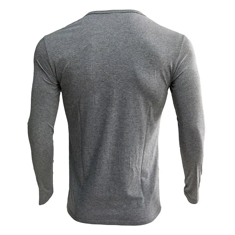Men's solid colour long sleeve cotton blend Henry shirt on a hanger