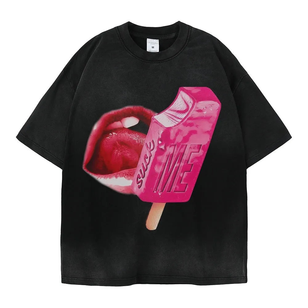 Heavy washed cotton loose fit short sleeve t-shirt with cartoon graphic print on front.