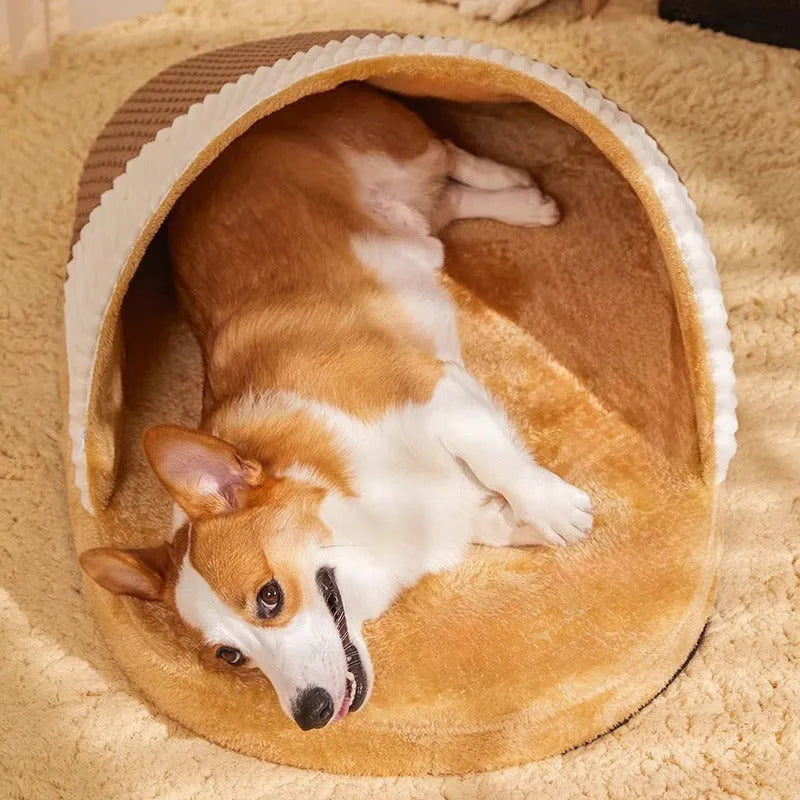 Blue dog sleeping bag bed with removable cover for a medium-sized dog