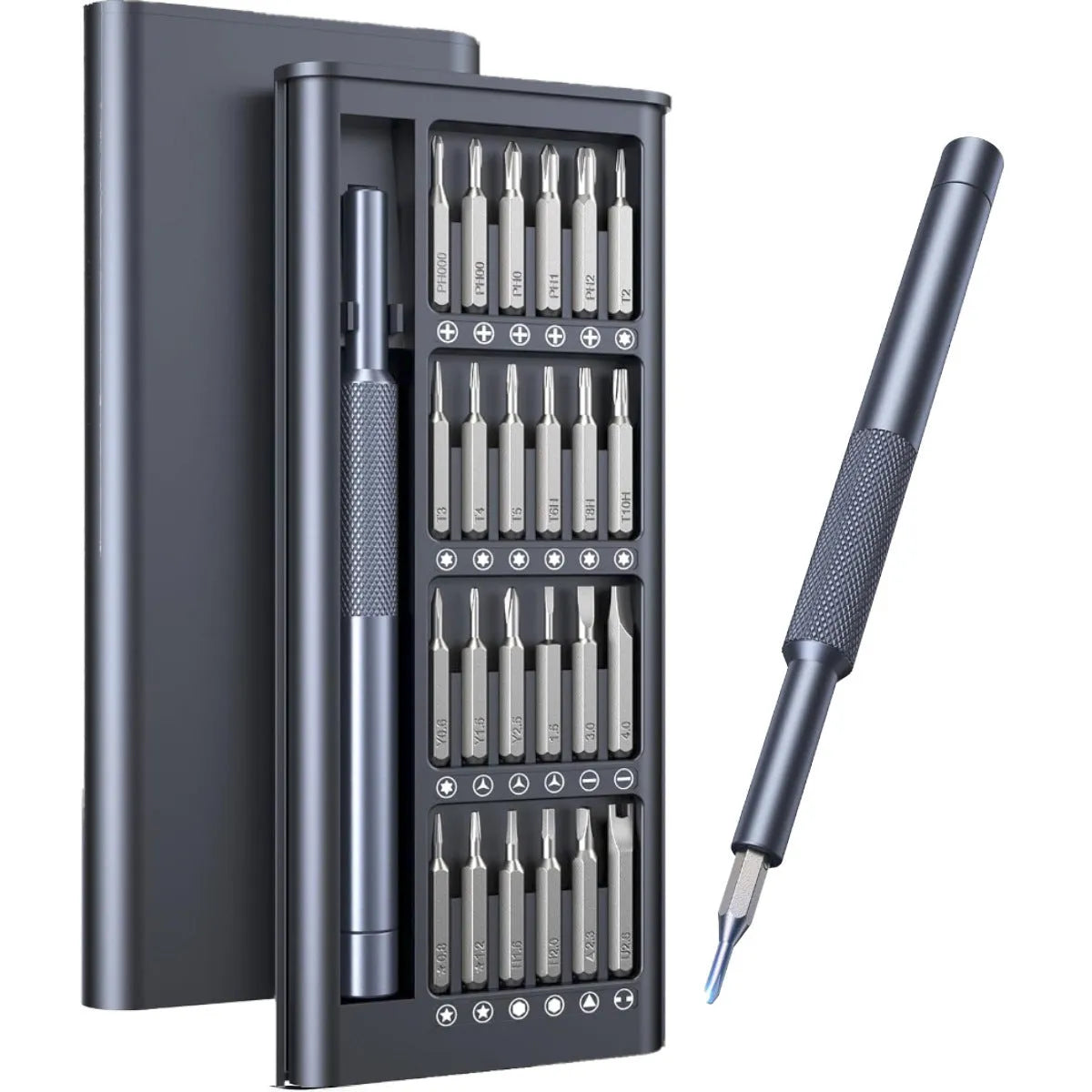 25-in-one precision screwdriver set with magnetic bits and knurled black handle.