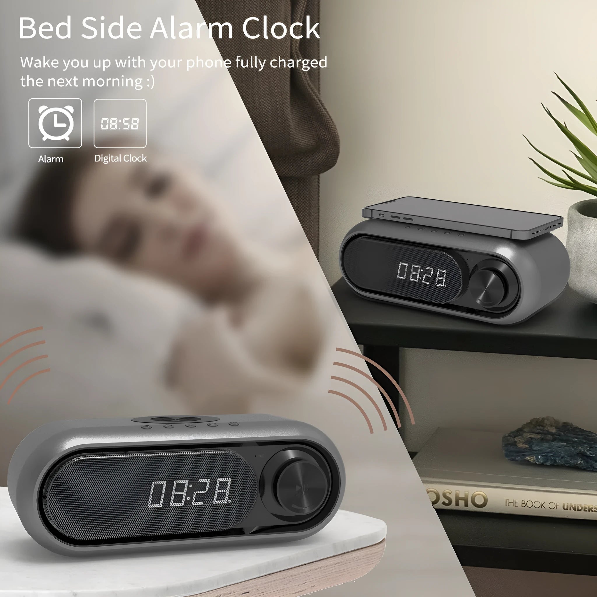 Space Grey wireless charging Bluetooth alarm clock speaker with LED display on a bedside table.