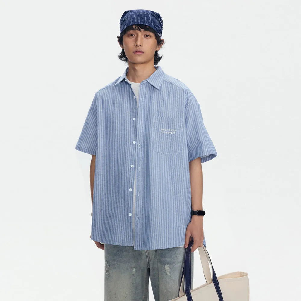 Blue striped loose fit cotton blend overshirt with short sleeves and cardigan style