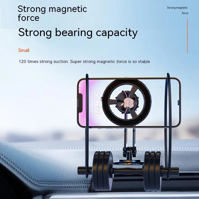 All-metal magnetic car phone holder in black, shown with magnetic rings and adhesive pads.