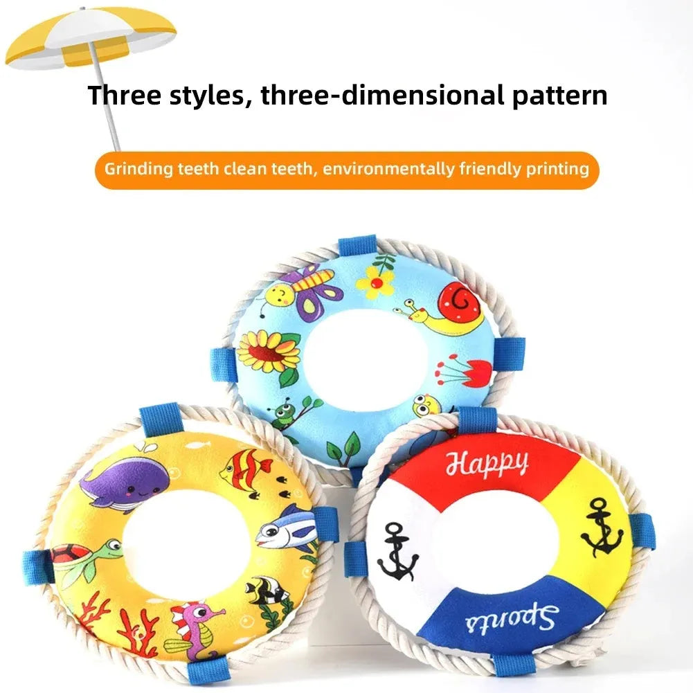25cm diameter plush dog pull ring toy with squeaker in blue, yellow or pirate design