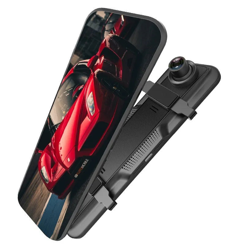 HD 1080p dual lens rearview mirror recorder with 9.66 inch touch screen display
