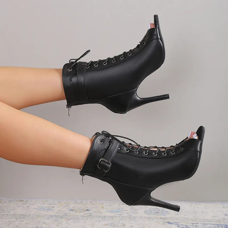 Women's black PU peep toe high heel pumps with lace-up buckle and back zipper