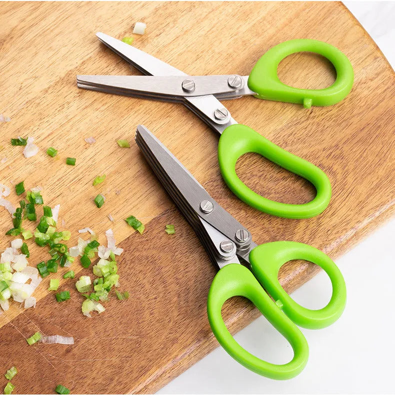 Green multi-layer stainless steel kitchen scissors for cutting herbs and green onions