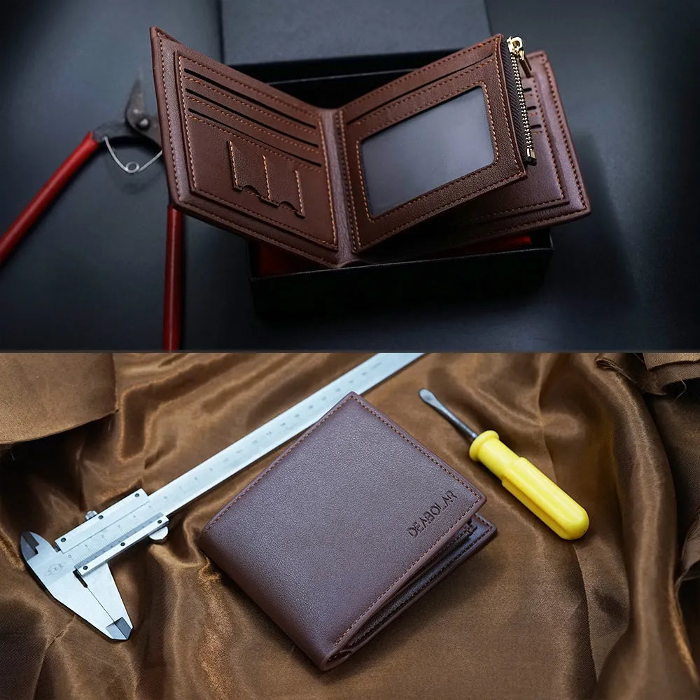 Men's leather wallet showing seven card slots and zipper closure mechanism