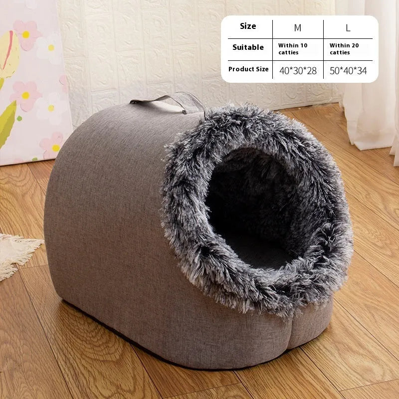Fleece-lined enclosed cat bed with sleeping bag design shown in grey and brown colour options