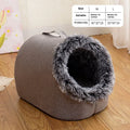 Fleece-lined enclosed cat bed with sleeping bag design shown in grey and brown colour options