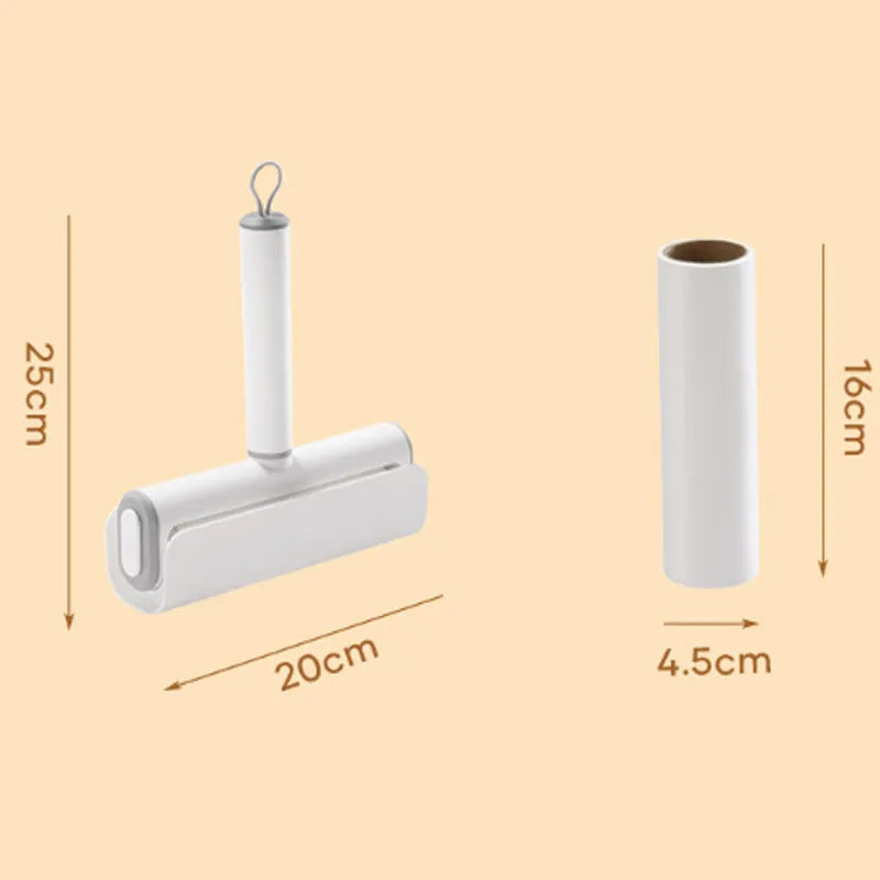Reusable plastic lint remover roller with a long adhesive paper roll for pet hair and dust on floors.