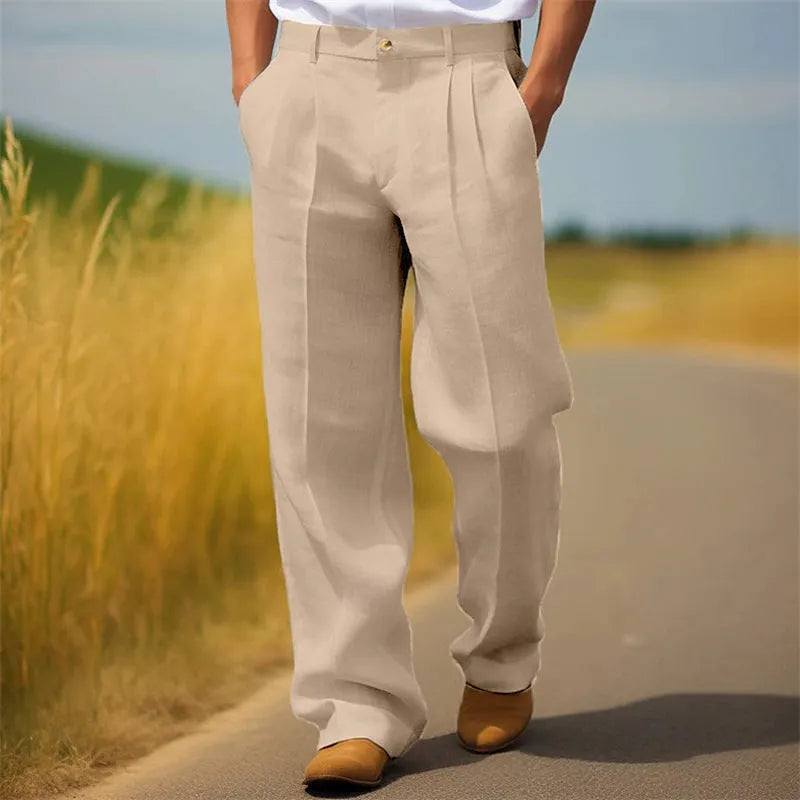 Men's linen-blend trousers in straight-leg loose fit on hanger
