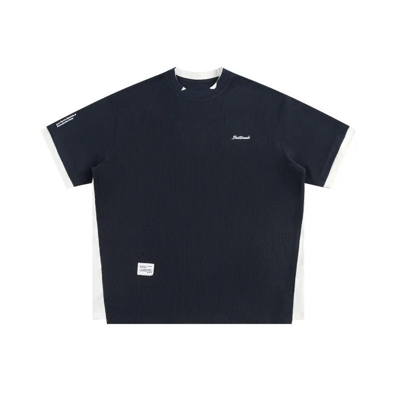 Retro alphabet embroidered waffle knit t-shirt in loose fit with navy blue, yellow or white flower grey colour options