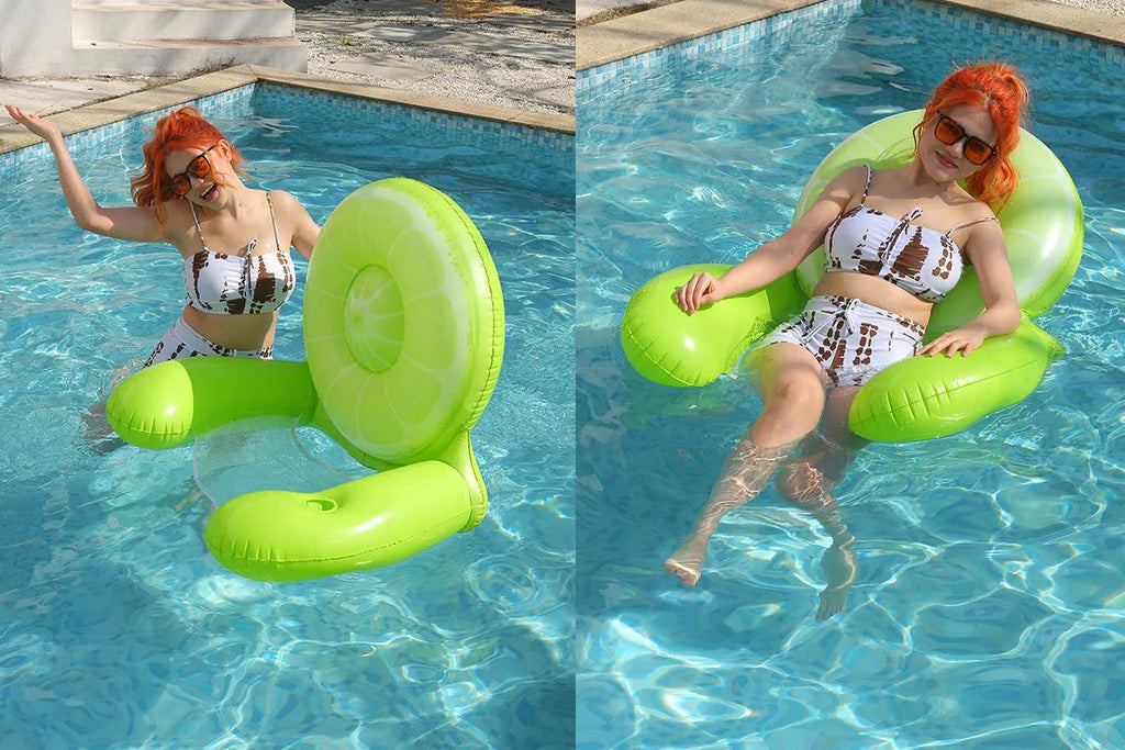 Inflatable seat hammock with net in dark blue whale design floating on water, thickened PVC construction