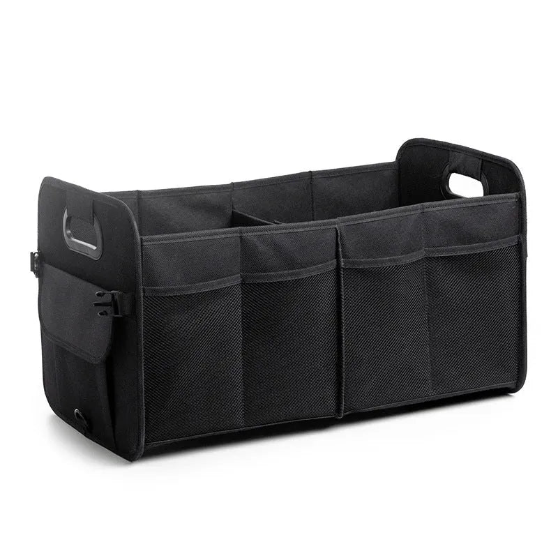 Foldable multi-compartment car boot storage box in black fabric with handle
