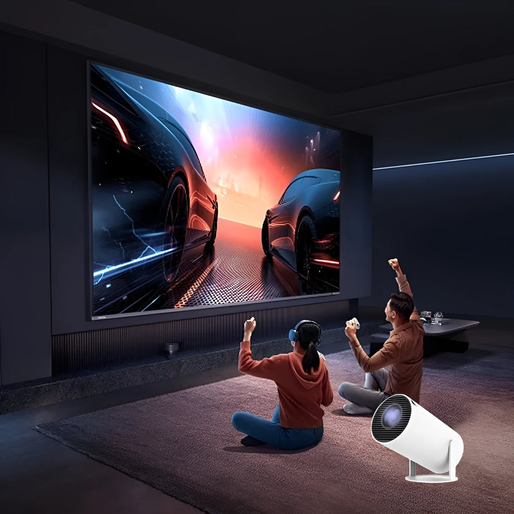 White Barrel X10 PLUS portable smart projector and gaming machine with remote and gamepad.