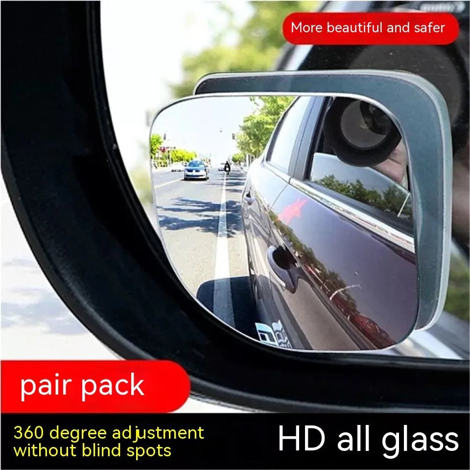 Pair of white, fan-shaped, adjustable car blind spot mirrors showing 360-degree rotation.
