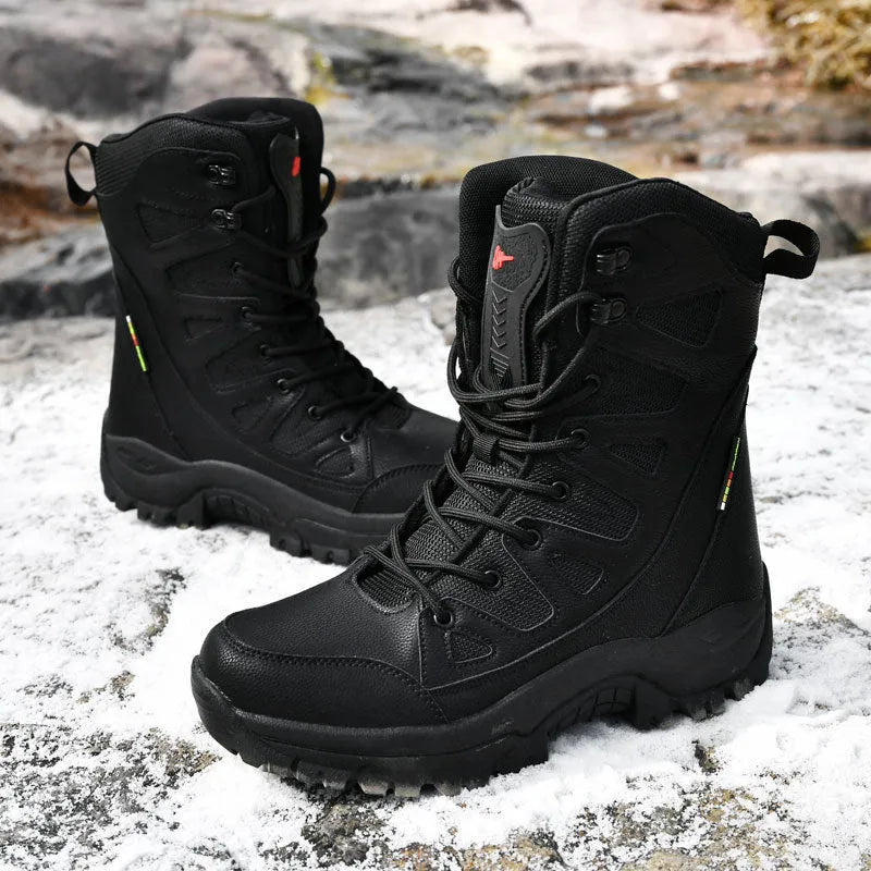 Beige cowhide leather hi-top hiking shoes with a platform sole on a neutral background.