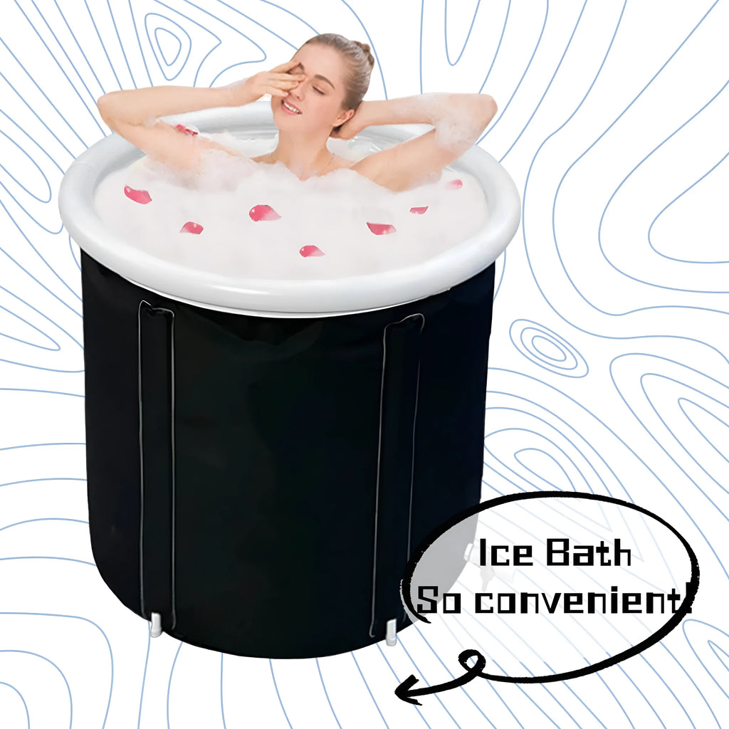 Black portable PVC ice bath measuring 70x80cm with all-weather lid and accessories for cold water therapy