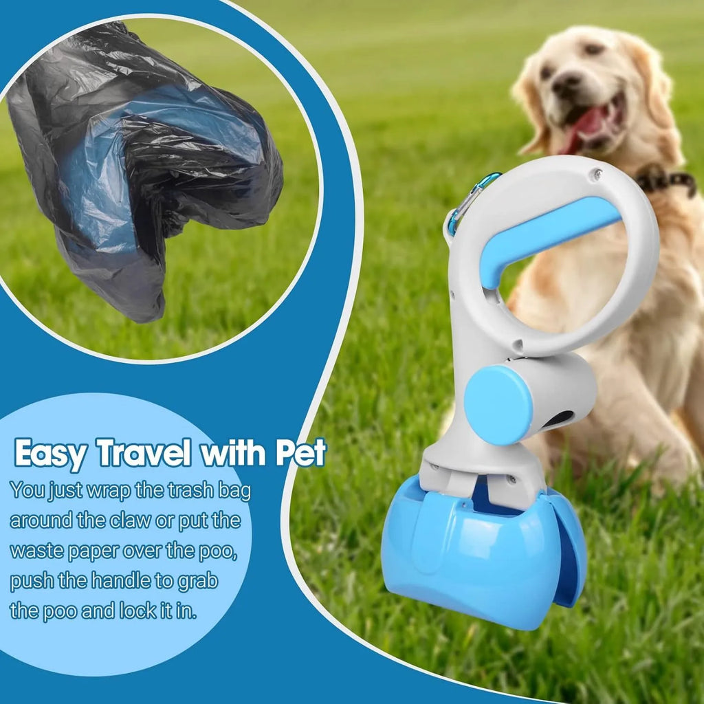High-strength ABS plastic pet pooper scooper with built-in bag holder in blue, red, yellow, or black.