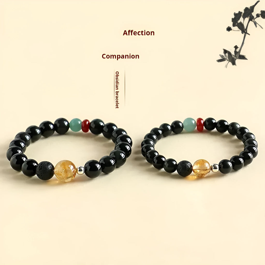 Chinese-style obsidian yellow tower crystal agate jade couple bracelet with 8mm or 10mm bead options