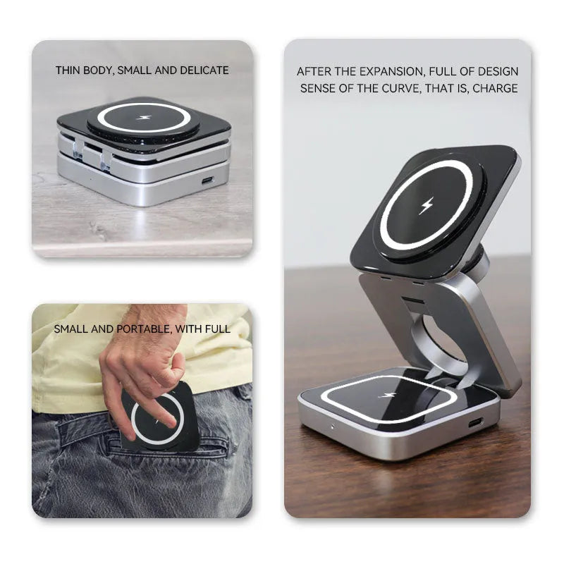 Folding three-in-one desktop wireless charging bracket with magnetic ring on a desk.