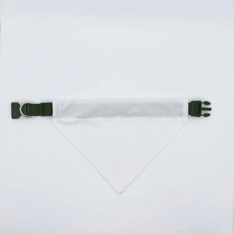 White blank polyester dog scarf for thermal transfer customisation showing four size options
