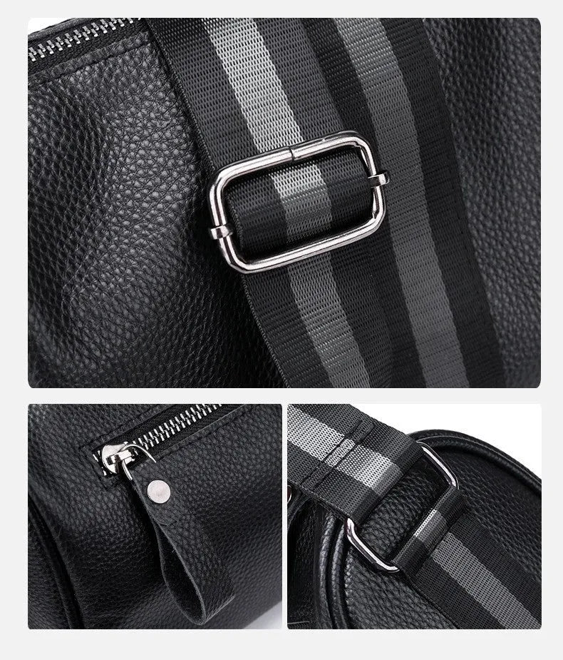 Black genuine leather women's crossbody bag with one shoulder strap showing large capacity dimensions