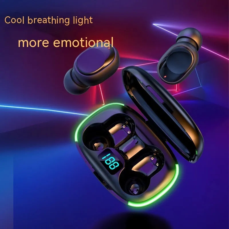 Black Y80 wireless Bluetooth earphones with digital power display showing battery level