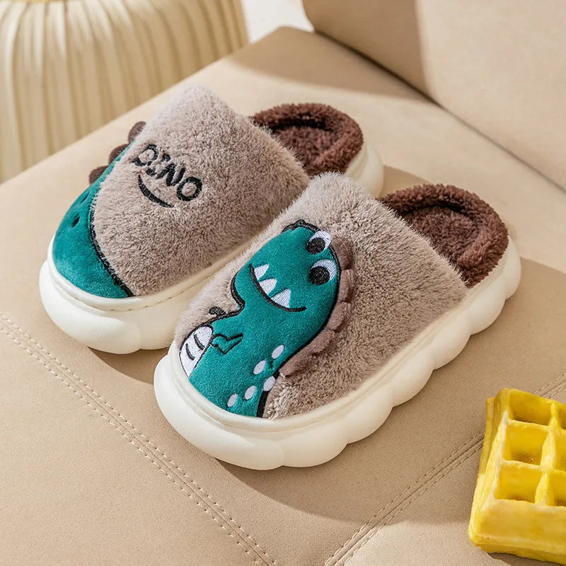 A pair of warm cotton plush dinosaur-themed indoor slippers for couples, shown in grey, coffee, and orange colour options.