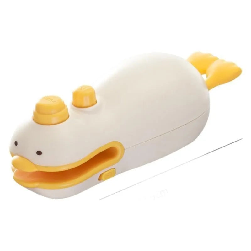 Yellow duck-shaped rechargeable electric bag sealer with animal jacquard pattern and charging cable