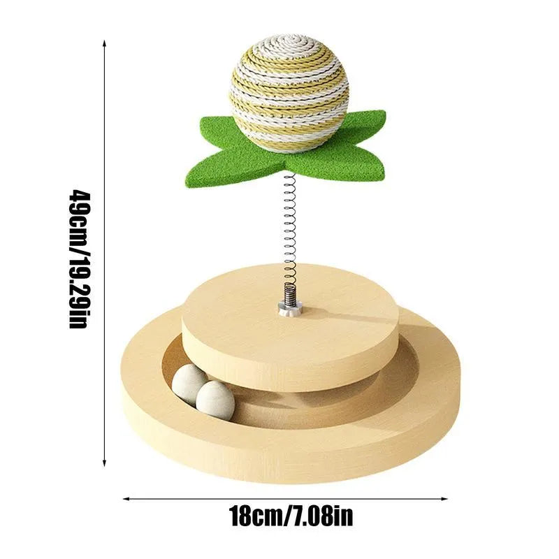 Green sisal cat toy with multi-layer ball track and rotating springs for indoor feline play
