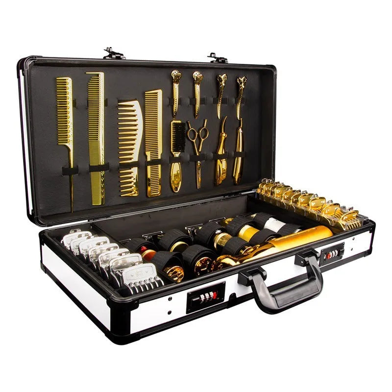 PVC suitcase-style storage box for hairdressing tools in black, gold or white colour options