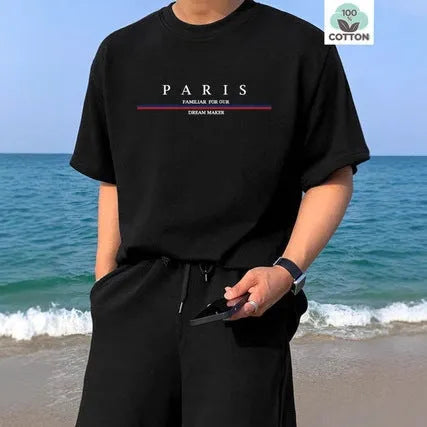 Men's loose-fitting short-sleeved cotton T-shirt with a printed letter design.