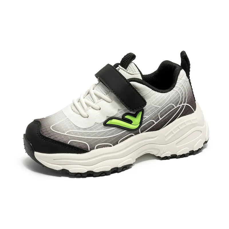 Children's black and purple stripe lace-up trainers with mesh fabric upper and rubber sole.