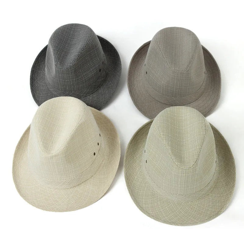 Men's black suit material fedora hat on a stand, showing classic brim shape.