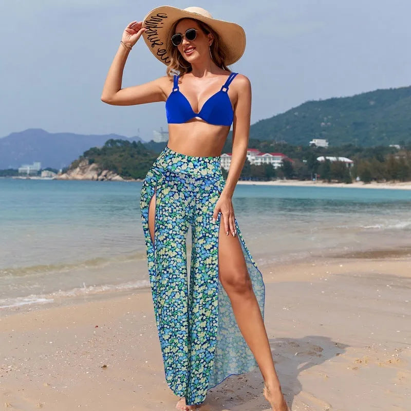 Women's three-piece bikini swimsuit set in quick-drying polyester fabric with various print options